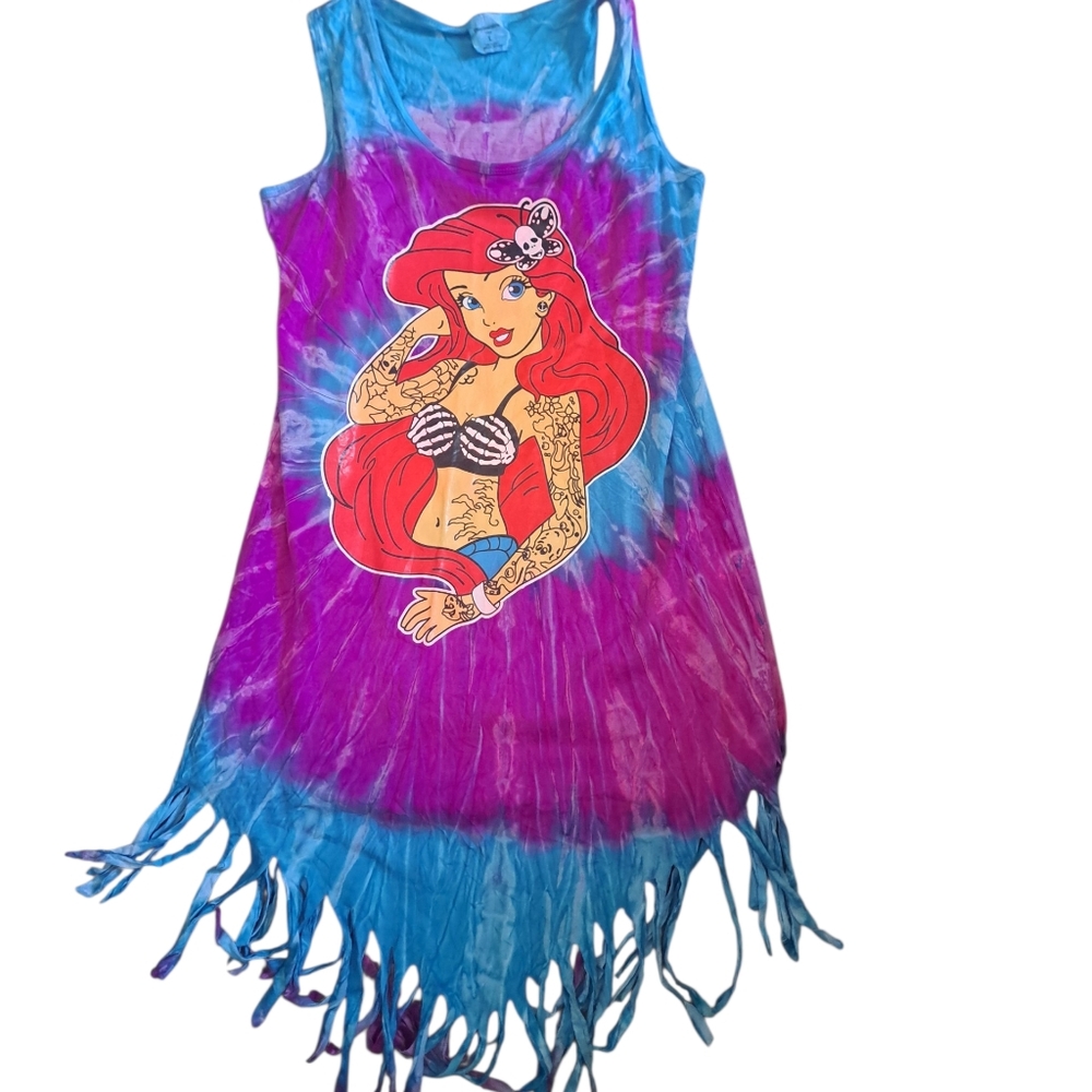 Destinations USA Little MERMAID Tattooed Tie Dyed  Fringe Dress Beach Coverup L